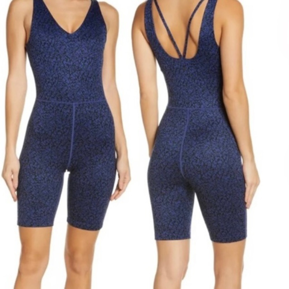 Zella Renew Print Bike Shorts Body suit Blue/Black Twilight Wave Print  Sz S